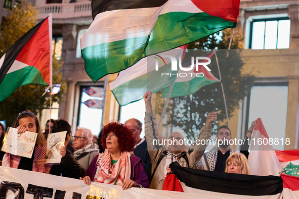 A demonstration in solidarity with Lebanon takes place in Plaza de Callao in Madrid, Spain, on September 25, 2024. 