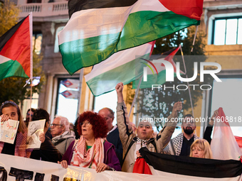 A demonstration in solidarity with Lebanon takes place in Plaza de Callao in Madrid, Spain, on September 25, 2024. (