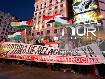 A demonstration in solidarity with Lebanon takes place in Plaza de Callao in Madrid, Spain, on September 25, 2024. (