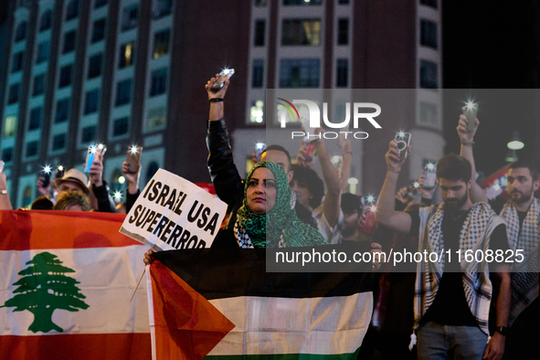 A demonstration in solidarity with Lebanon takes place in Plaza de Callao in Madrid, Spain, on September 25, 2024. 