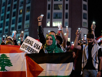 A demonstration in solidarity with Lebanon takes place in Plaza de Callao in Madrid, Spain, on September 25, 2024. (