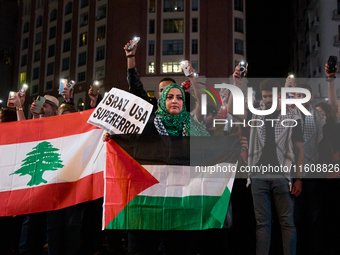 A demonstration in solidarity with Lebanon takes place in Plaza de Callao in Madrid, Spain, on September 25, 2024. (