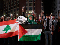 A demonstration in solidarity with Lebanon takes place in Plaza de Callao in Madrid, Spain, on September 25, 2024. (