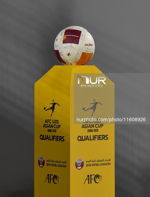 The match ball is seen during the 2025 AFC U20 Asian Cup Qualifiers Group J match between Qatar and Singapore at Abdullah bin Khalifa Stadiu...