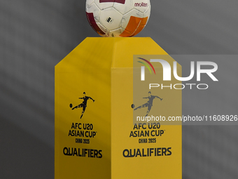 The match ball is seen during the 2025 AFC U20 Asian Cup Qualifiers Group J match between Qatar and Singapore at Abdullah bin Khalifa Stadiu...