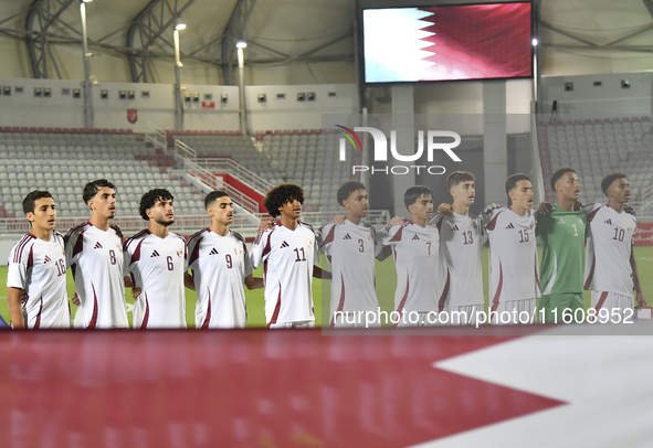 Players from Qatar line up before the 2025 AFC U20 Asian Cup Qualifiers Group J match between Qatar and Singapore at Abdullah bin Khalifa St...