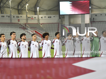 Players from Qatar line up before the 2025 AFC U20 Asian Cup Qualifiers Group J match between Qatar and Singapore at Abdullah bin Khalifa St...