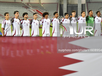 Players from Qatar line up before the 2025 AFC U20 Asian Cup Qualifiers Group J match between Qatar and Singapore at Abdullah bin Khalifa St...