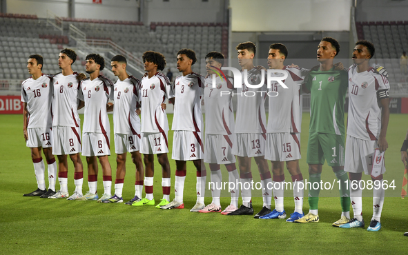 Players from Qatar line up before the 2025 AFC U20 Asian Cup Qualifiers Group J match between Qatar and Singapore at Abdullah bin Khalifa St...