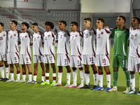 Players from Qatar line up before the 2025 AFC U20 Asian Cup Qualifiers Group J match between Qatar and Singapore at Abdullah bin Khalifa St...