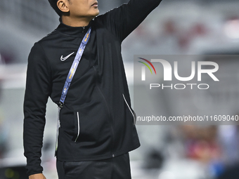 Mohamed Fadzuhasny, Head Coach of Singapore, reacts during the 2025 AFC U20 Asian Cup Qualifiers Group J match between Qatar and Singapore a...