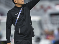 Mohamed Fadzuhasny, Head Coach of Singapore, reacts during the 2025 AFC U20 Asian Cup Qualifiers Group J match between Qatar and Singapore a...