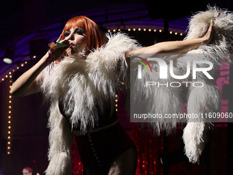 Itati Cantoral performs during her participation in the Musical Cabaret at Teatro de los Insurgentes in Mexico City, Mexico, on September 24...