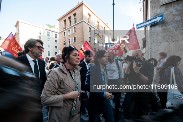 The CGIL and UIL unions, two of the main unions in the country, protest in Rome, Italy, on September 25, 2024, against a bill by the far-rig...