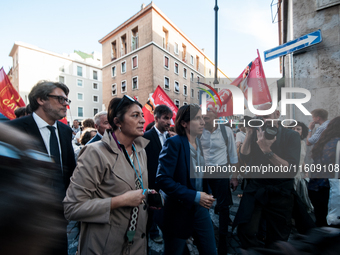 The CGIL and UIL unions, two of the main unions in the country, protest in Rome, Italy, on September 25, 2024, against a bill by the far-rig...