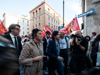 The CGIL and UIL unions, two of the main unions in the country, protest in Rome, Italy, on September 25, 2024, against a bill by the far-rig...