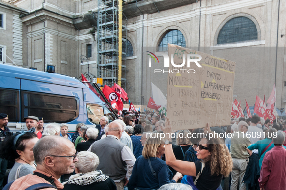 The CGIL and UIL unions, two of the main unions in the country, protest in Rome, Italy, on September 25, 2024, against a bill by the far-rig...