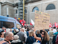 The CGIL and UIL unions, two of the main unions in the country, protest in Rome, Italy, on September 25, 2024, against a bill by the far-rig...