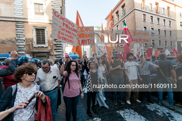 The CGIL and UIL unions, two of the main unions in the country, protest in Rome, Italy, on September 25, 2024, against a bill by the far-rig...