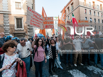 The CGIL and UIL unions, two of the main unions in the country, protest in Rome, Italy, on September 25, 2024, against a bill by the far-rig...