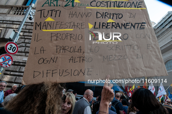 The CGIL and UIL unions, two of the main unions in the country, protest in Rome, Italy, on September 25, 2024, against a bill by the far-rig...