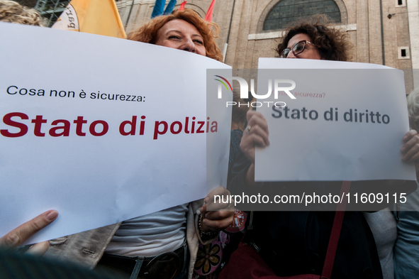 The CGIL and UIL unions, two of the main unions in the country, protest in Rome, Italy, on September 25, 2024, against a bill by the far-rig...