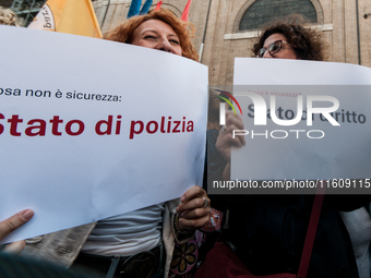 The CGIL and UIL unions, two of the main unions in the country, protest in Rome, Italy, on September 25, 2024, against a bill by the far-rig...