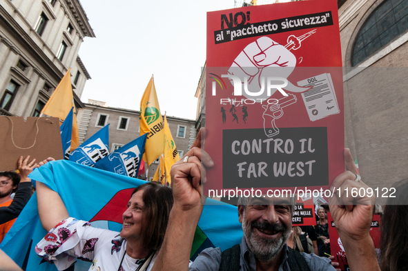 The CGIL and UIL unions, two of the main unions in the country, protest in Rome, Italy, on September 25, 2024, against a bill by the far-rig...