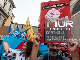 The CGIL and UIL unions, two of the main unions in the country, protest in Rome, Italy, on September 25, 2024, against a bill by the far-rig...