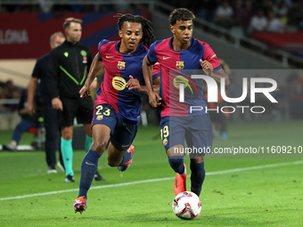 Lamine Yamal and Jules Kounde play during the match between FC Barcelona and Getafe CF, corresponding to week 7 of LaLiga EA Sports, at the...