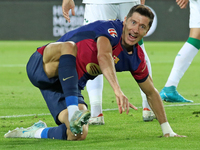 Robert Lewandowski celebrates a goal during the match between FC Barcelona and Getafe CF, corresponding to week 7 of LaLiga EA Sports, at th...