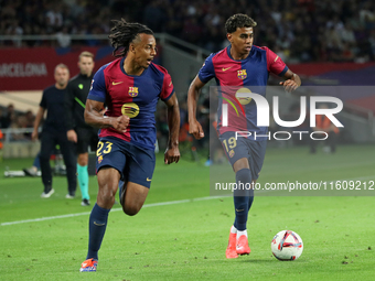 Lamine Yamal and Jules Kounde play during the match between FC Barcelona and Getafe CF, corresponding to week 7 of LaLiga EA Sports, at the...