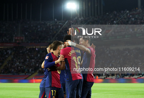 Robert Lewandowski celebrates a goal during the match between FC Barcelona and Getafe CF, corresponding to week 7 of LaLiga EA Sports, at th...