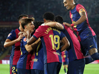 Robert Lewandowski celebrates a goal during the match between FC Barcelona and Getafe CF, corresponding to week 7 of LaLiga EA Sports, at th...