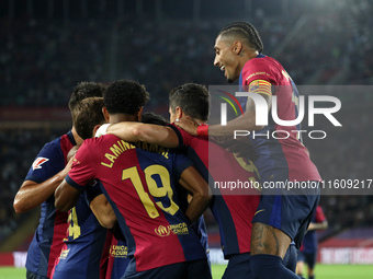 Robert Lewandowski celebrates a goal during the match between FC Barcelona and Getafe CF, corresponding to week 7 of LaLiga EA Sports, at th...