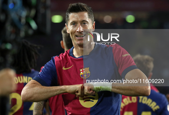 Robert Lewandowski celebrates a goal during the match between FC Barcelona and Getafe CF, corresponding to week 7 of LaLiga EA Sports, at th...