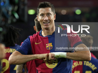 Robert Lewandowski celebrates a goal during the match between FC Barcelona and Getafe CF, corresponding to week 7 of LaLiga EA Sports, at th...