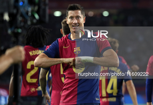 Robert Lewandowski celebrates a goal during the match between FC Barcelona and Getafe CF, corresponding to week 7 of LaLiga EA Sports, at th...