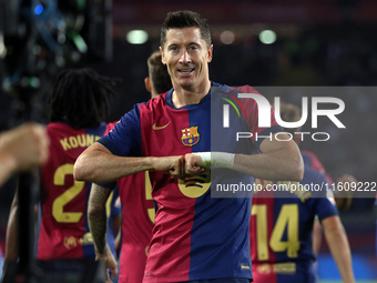 Robert Lewandowski celebrates a goal during the match between FC Barcelona and Getafe CF, corresponding to week 7 of LaLiga EA Sports, at th...