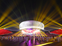 A mass performance celebrates the 75th anniversary of the founding of New China in Handan, China, on September 25, 2024. (