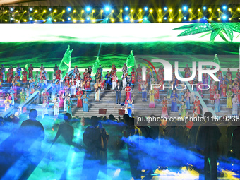 A mass performance celebrates the 75th anniversary of the founding of New China in Handan, China, on September 25, 2024. (