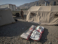 Two symbolic figures of Iranian warriors covered with Iranian flags are depicted during the reconstruction of the Valfajr-8 military operati...