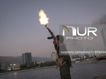 An Islamic Revolutionary Guard Corps (IRGC) military personnel takes part in a war game, which is a reconstruction of the Valfajr-8 military...