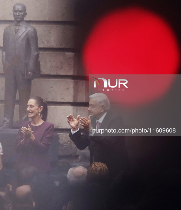 Claudia Sheinbaum, president-elect of Mexico, and Andres Manuel Lopez Obrador, president of Mexico, during the inauguration ceremony of the...