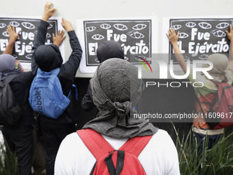 On September 25, 2024, comrades and parents of the 43 disappeared students from Ayotzinapa protest at the Antimonument of the 43 in Mexico C...