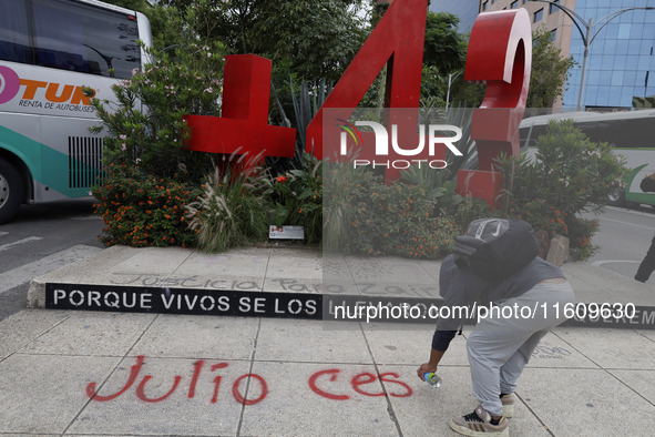 On September 25, 2024, comrades and parents of the 43 disappeared students from Ayotzinapa protest at the Antimonument of the 43 in Mexico C...