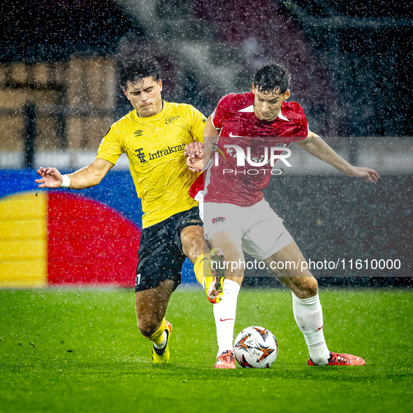 Elfsborg midfielder Besfort Zenelli and AZ Alkmaar forward Ruben van Bommel during the match between AZ and Elfsborg at the AZ Stadium for t...