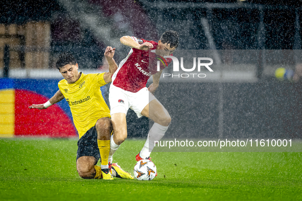 Elfsborg midfielder Besfort Zenelli and AZ Alkmaar forward Ruben van Bommel during the match between AZ and Elfsborg at the AZ Stadium for t...