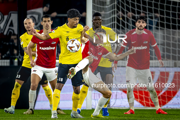 Elfsborg midfielder Ahmed Qasem and AZ Alkmaar midfielder Zico Buurmeester during the match between AZ and Elfsborg at the AZ Stadium for th...