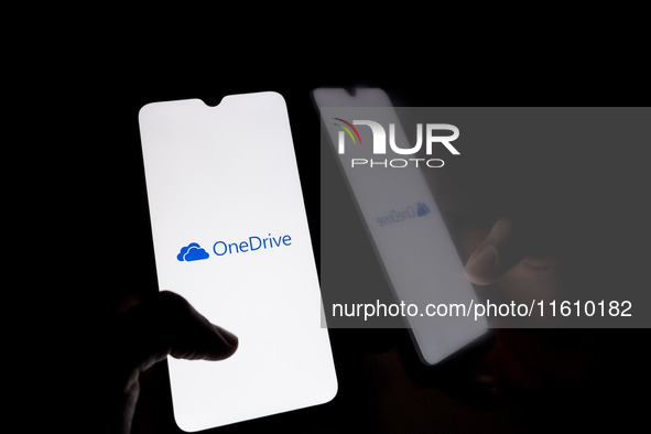 The OneDrive logo displays on a smartphone screen in Athens, Greece, on September 26, 2024. 